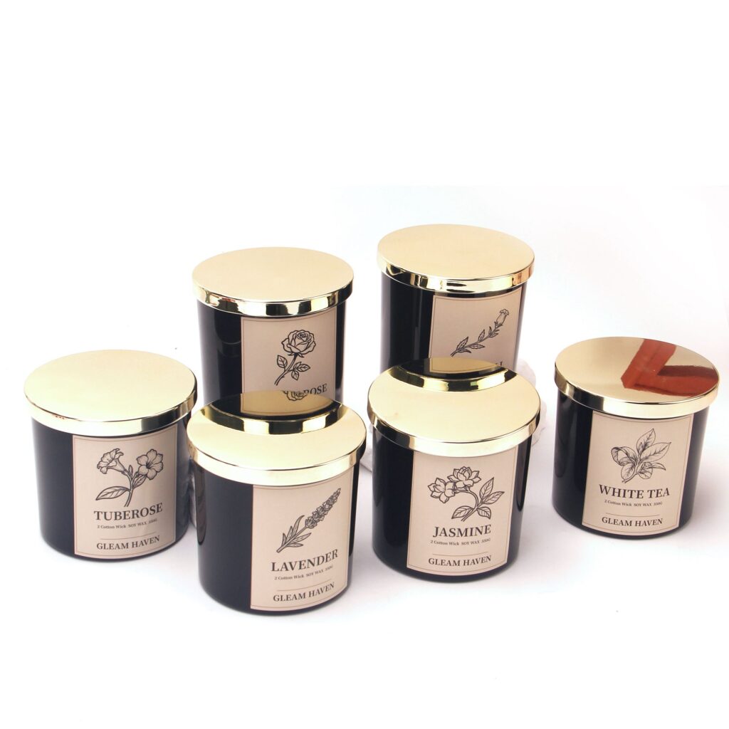Gleam Haven luxury 2-wick soy candles 350g six scent variants black glass gold lid flat lay Melbourne