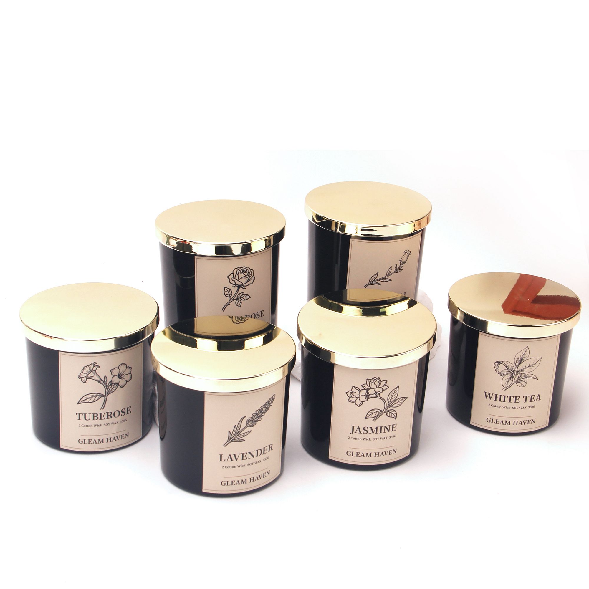 Gleam Haven luxury 2-wick soy candles 350g six scent variants black glass gold lid flat lay Melbourne