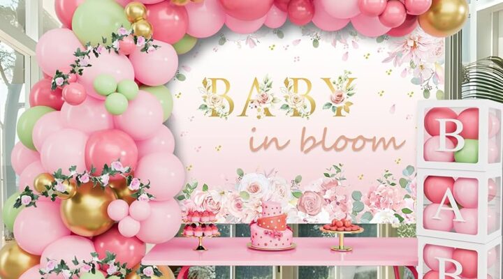 Styled baby shower table with balloon garland, floral centrepiece and personalised favour boxes, Melbourne 2026