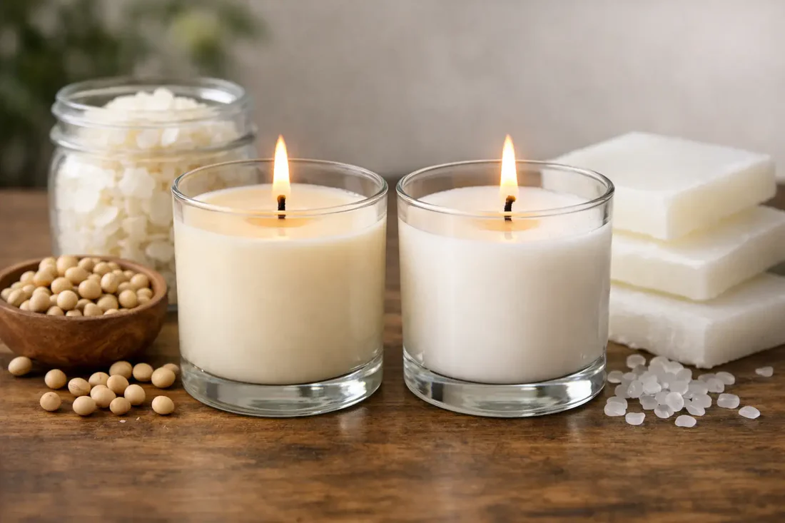 Side-by-side comparison of soy wax and paraffin candle soot on white surface

