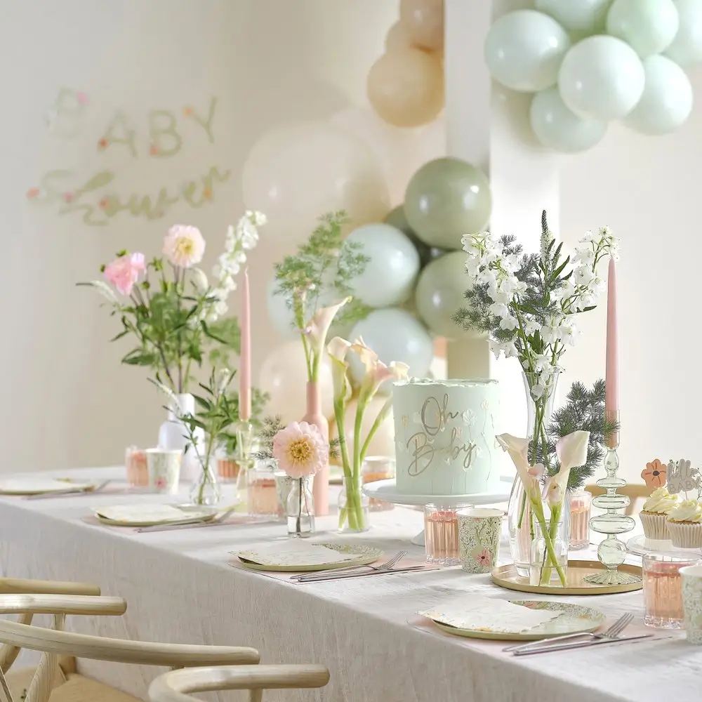 Coordinated bamboo plates, printed napkins and cups for baby shower in Melbourne

