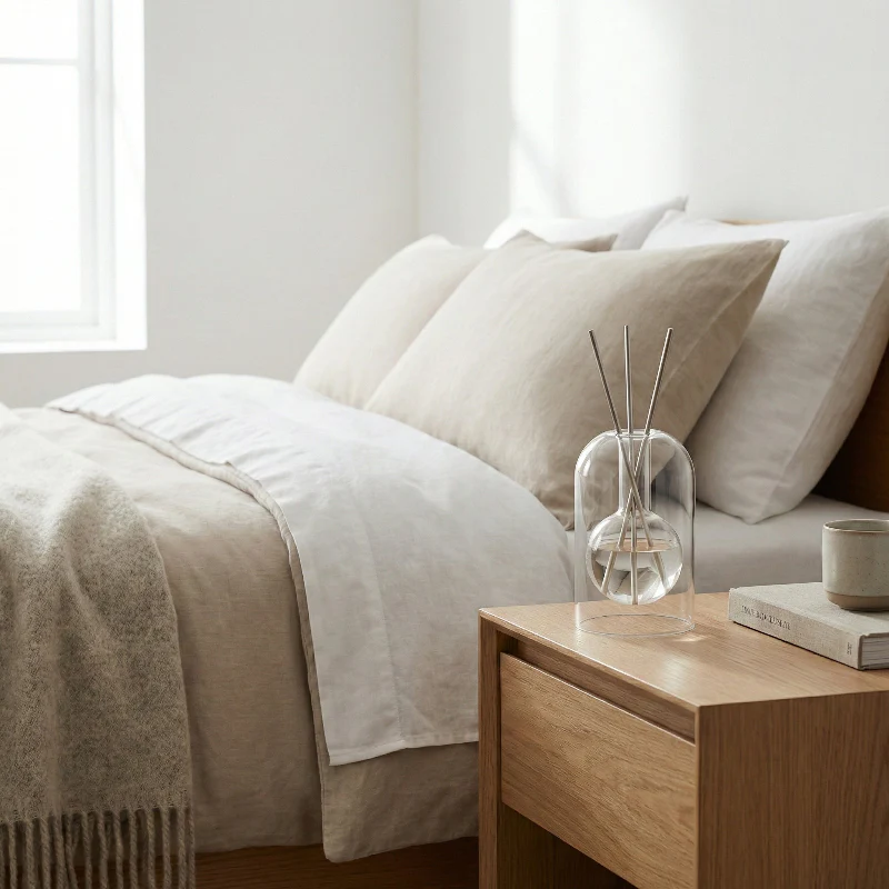 Gleam Haven white tea reed diffuser on bedside table in a neutral Australian bedroom

