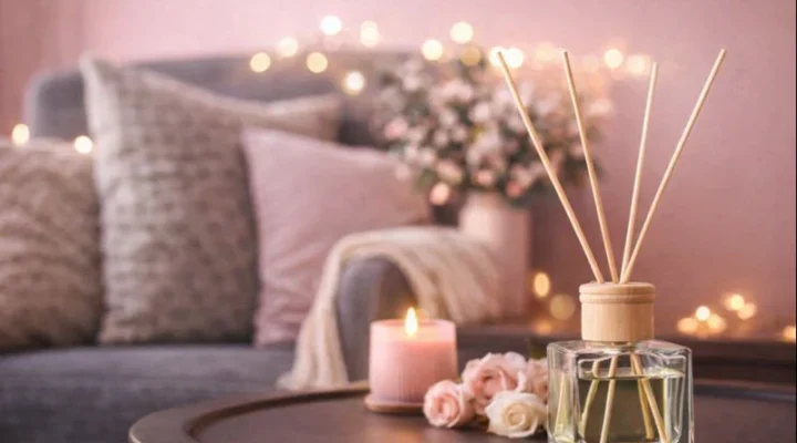 Gleam Haven candles and reed diffuser arranged on a timber shelf for scent layering in an Australian home