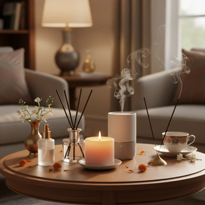 Gleam Haven scented candle burning in a modern Australian living room next to sandalwood diffuser


